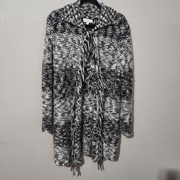 New Directions Cardigan Hooded Fringe Open Front Sweater XL Black White - Picture 1 of 14